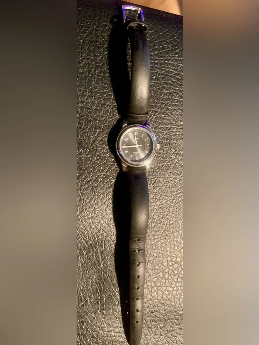 Timex Black Dial Silver Case Leather Strap Watch